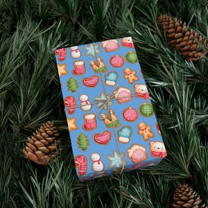 Kids Blue Christmas wrapping paper with sugar cookies