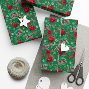 Christmas green wrapping paper with poinsettias roses and pinecones