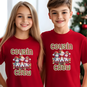 Matching family cousin crew Christmas T-shirts for holiday photos